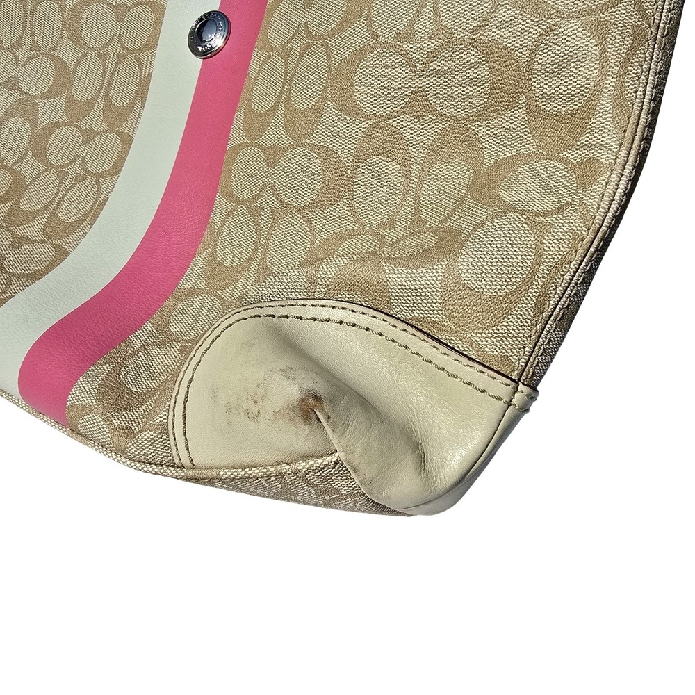 COACH Signature Stripe Tote Bag Beige Pink Canvas Leather Shoulder Purse - Picture 14 of 15